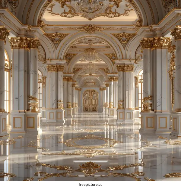 Grand Hall Interior With White Marble Columns and Golden Decor