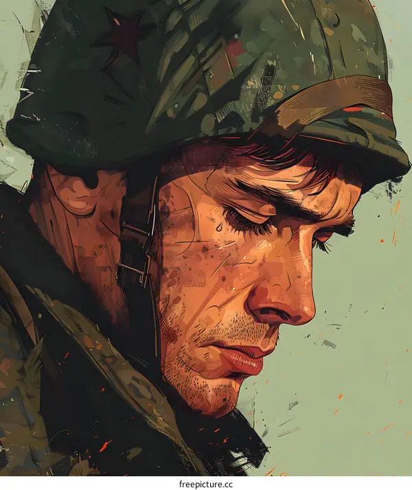 A soldier wearing a green helmet with a red star looks down with a sad expression on his face