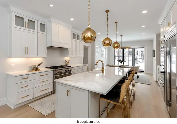 Modern White Kitchen Island with Gold Accents