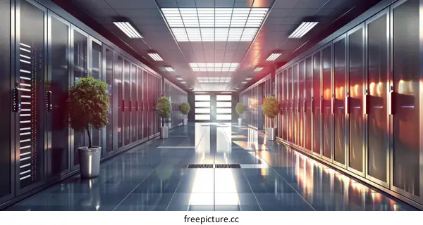 Futuristic server room with bright lights and shiny tiled floor