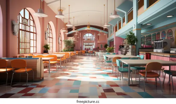Pastel Pink and Blue Retro Cafe With Windows