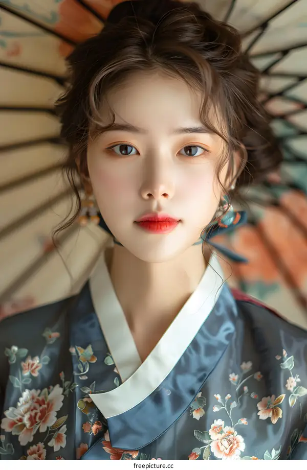 portrait of a beautiful asian woman in traditional korean hanbok dress