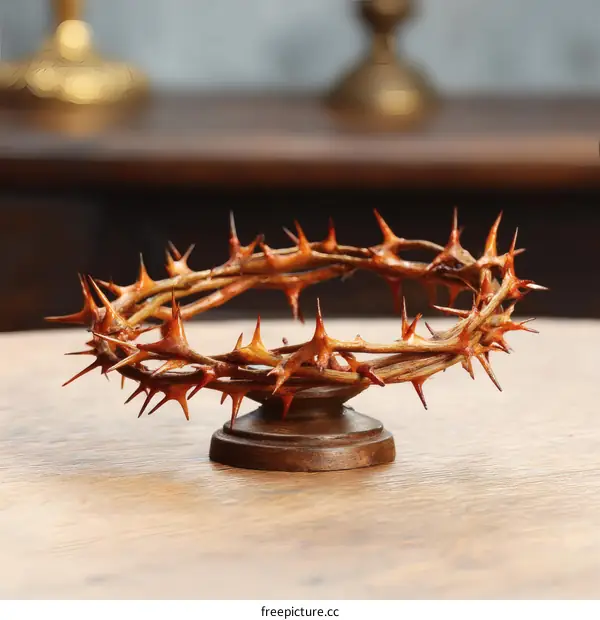 Dried Thorn Crown on Wooden Stand Religious Symbol