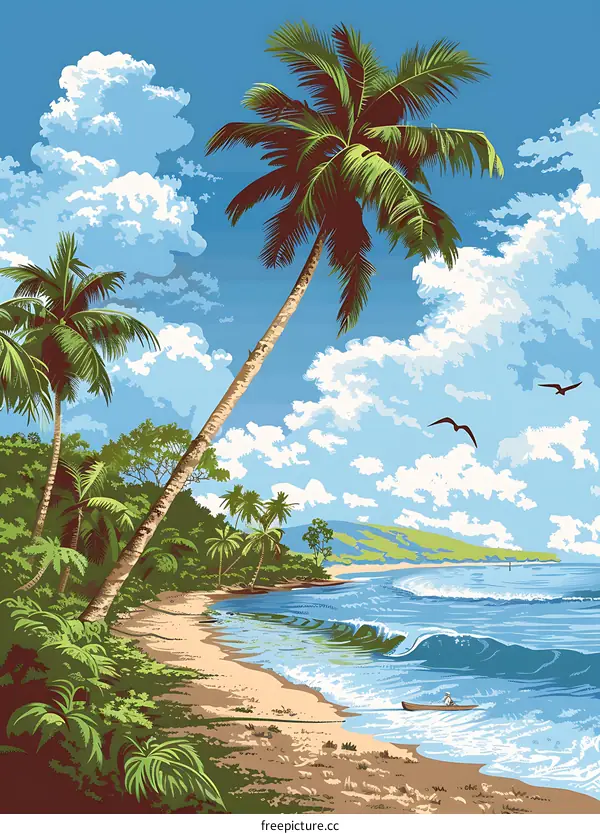 Tropical Beach Landscape Illustration with Palm Trees and Ocean Waves