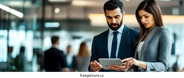 Business Professionals Discussing Work on Tablet in Modern Office