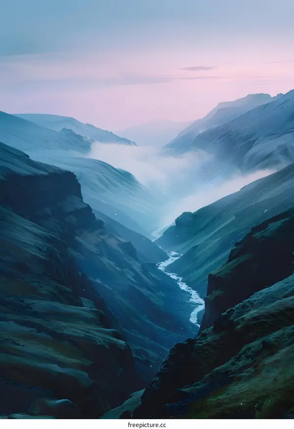 Mountain Valley Landscape with Mist and Sky