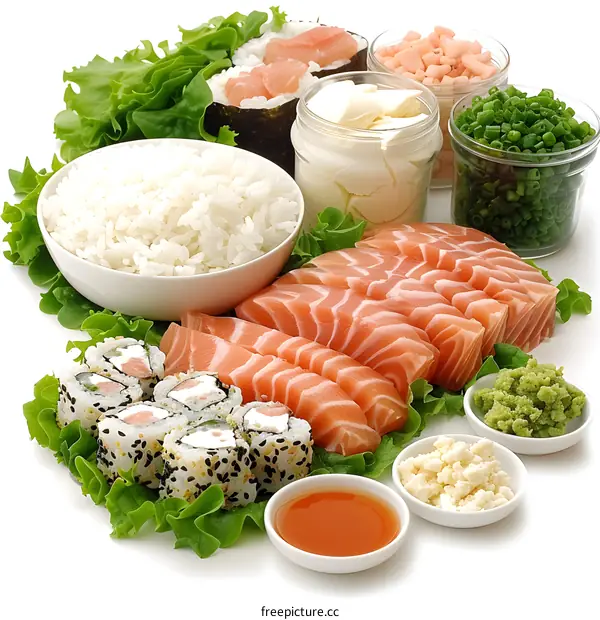 An assortment of sushi and ingredients