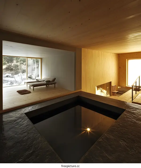 Modern Minimalist Interior Design with Wooden Ceiling and Stone Pool