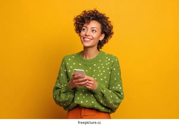 Woman Holding Smartphone Against Yellow Background