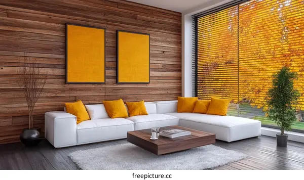 Modern Living Room with Wooden Walls and Yellow Accents