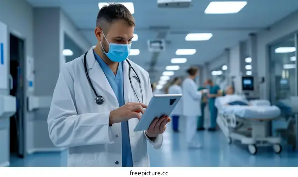 Male doctor wearing facial mask using tablet in hospital