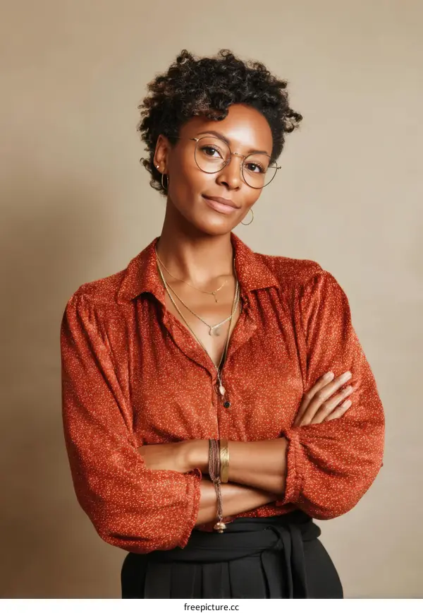 Confident Woman in a Stylish Rust-Colored Blouse