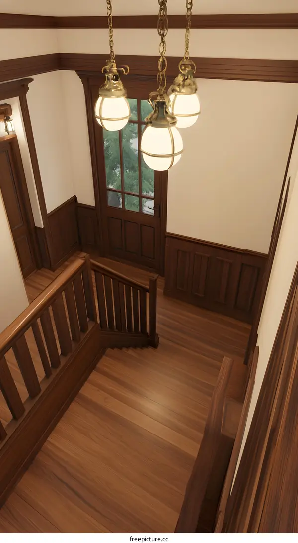 Modern Wooden Staircase And Chandelier In Home