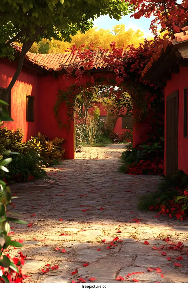 Red Brick Pathway Leading to Garden