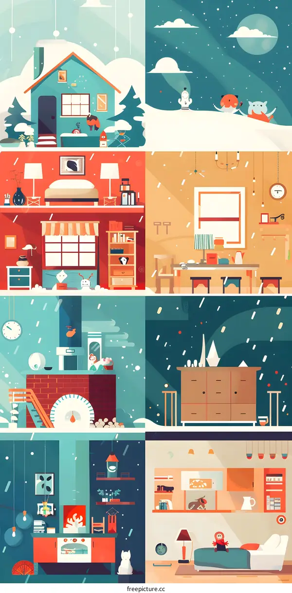 Cozy Winter Home Illustration with Multiple Rooms