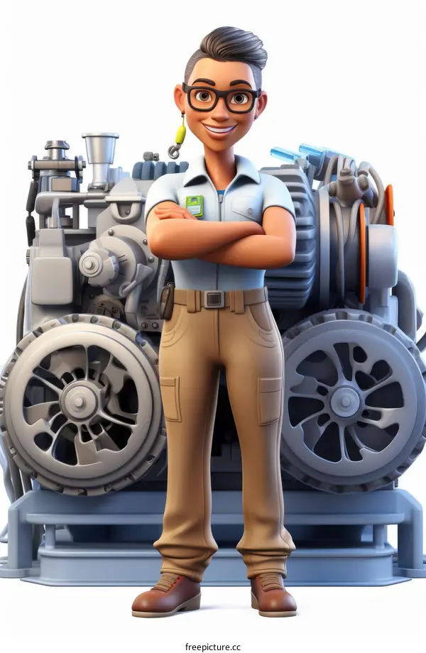 A female mechanic standing in front of a large engine
