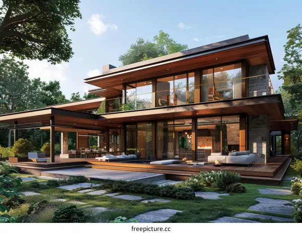 Modern Luxury Home with Natural Stone and Wood Exterior