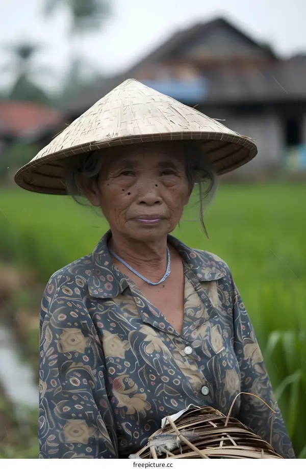 Asian Woman In Rice Field Wearing Straw Hat
