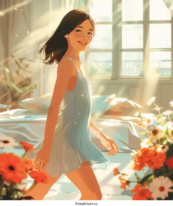 A woman in a blue dress standing in a bedroom and smiling