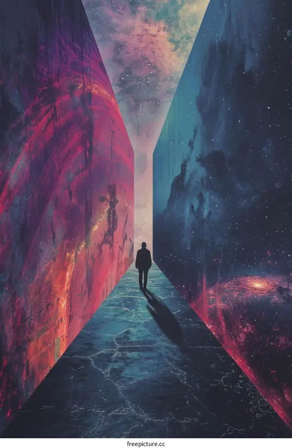 Solitary Figure Walking Through a Cosmic Corridor