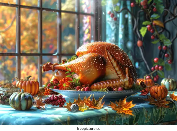 Thanksgiving Dinner: Roasted Turkey, Pumpkins & Autumn Leaves