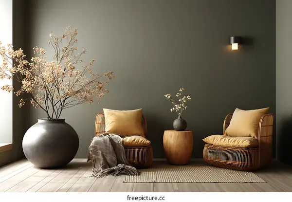 Modern Bohemian Living Room Scene with Rattan Furniture