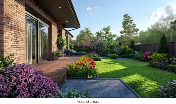 A beautiful garden with a brick house