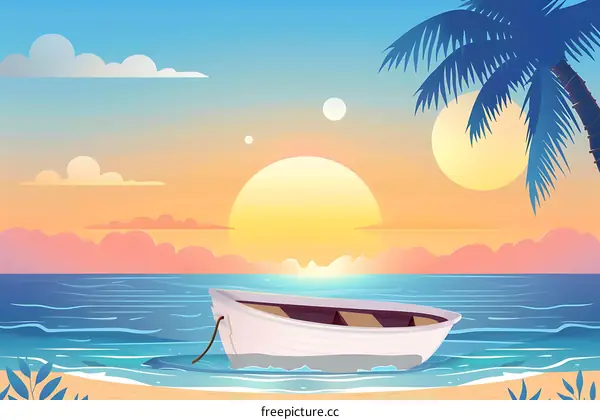 Sunset Tropical Sea with Boat on Shore Illustration