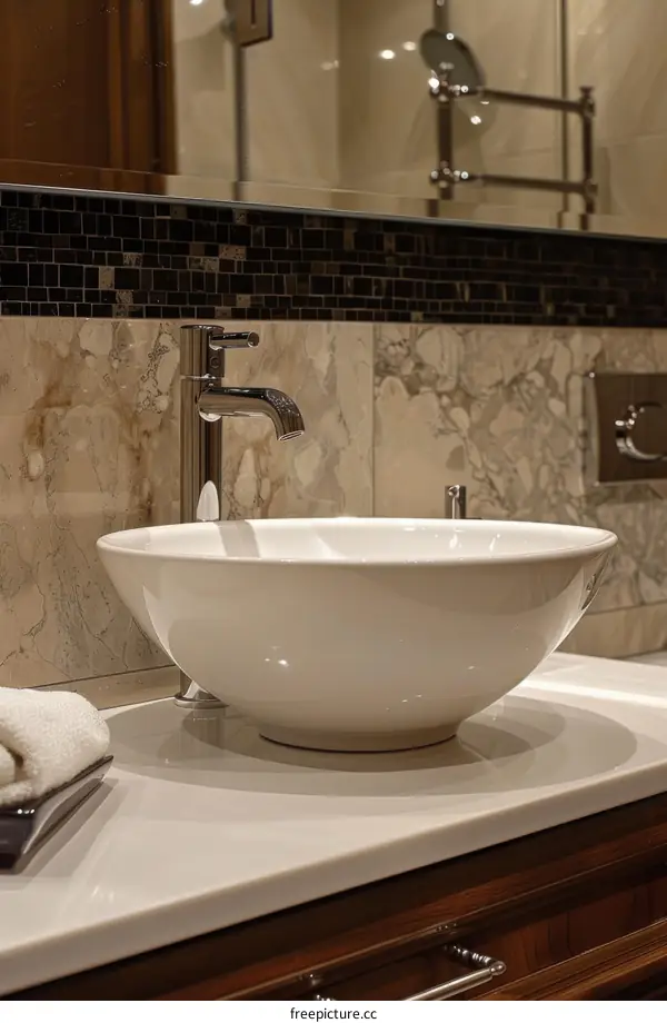 Modern Bathroom Sink with Marble Tile Backsplash