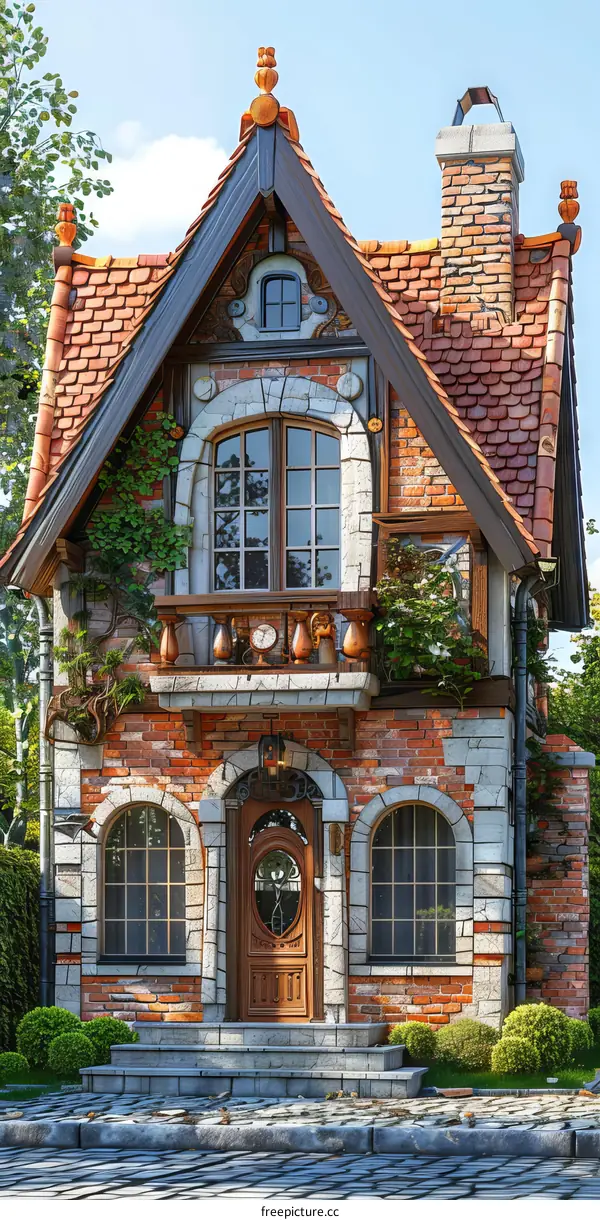 Brick Cottage with Flowers and Sunny Sky