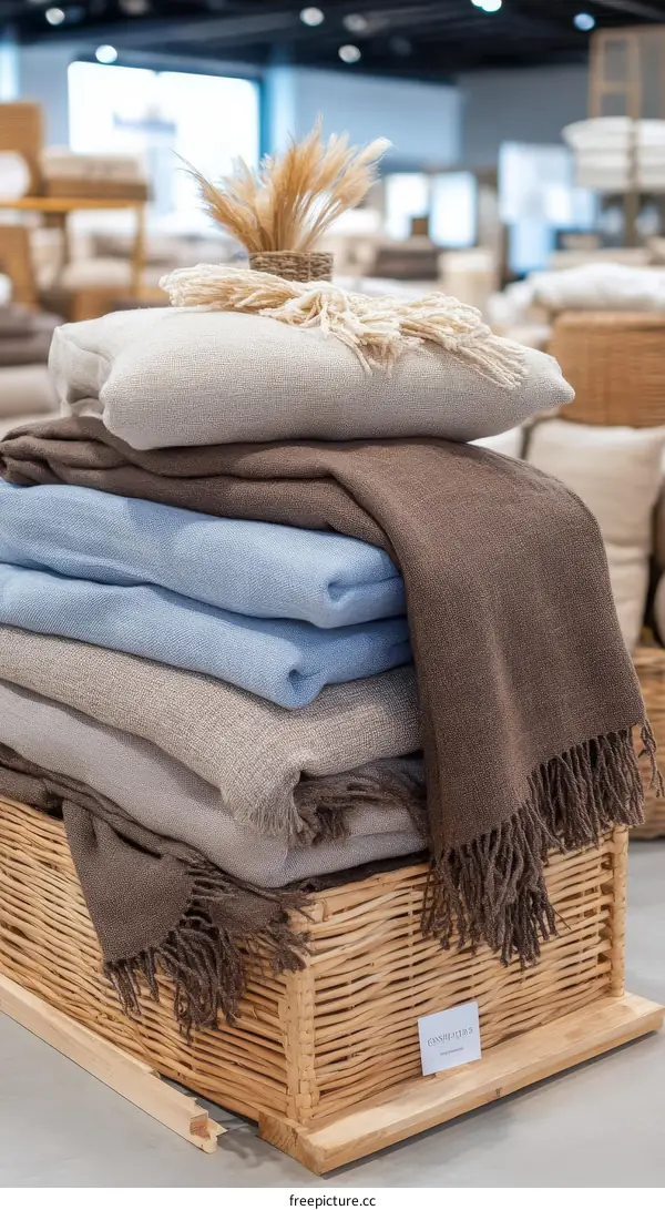 Woven Basket Displaying Cozy Blankets and Throws
