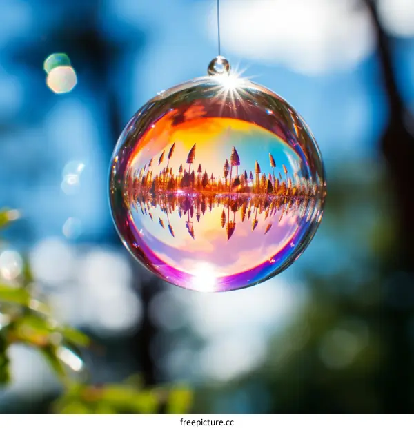 Crystal ball hanging from a tree branch with a forest scene inside