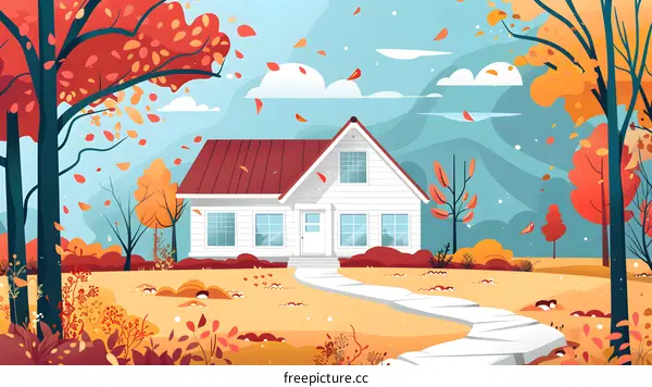 Autumn House With Red Roof And Falling Leaves