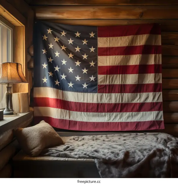 Rustic Cabin with American Flag