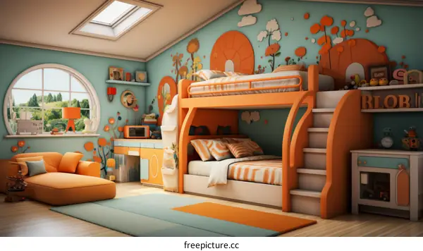 A bright and colorful bedroom with a bunk bed, a desk, and a sofa