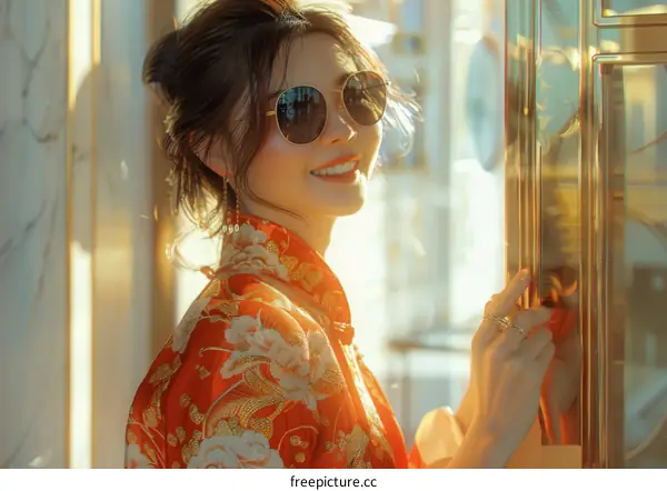 A young Chinese woman in a red cheongsam smiles at the camera
