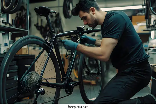 Man Fixing Bicycle In Workshop