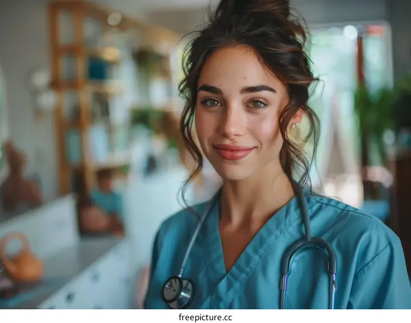 Portrait of a smiling female doctor in blue uniform