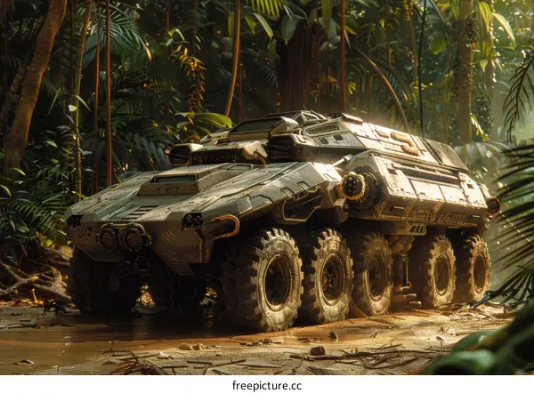 Futuristic Armored Military Vehicle Drives Through Dense Jungle Terrain