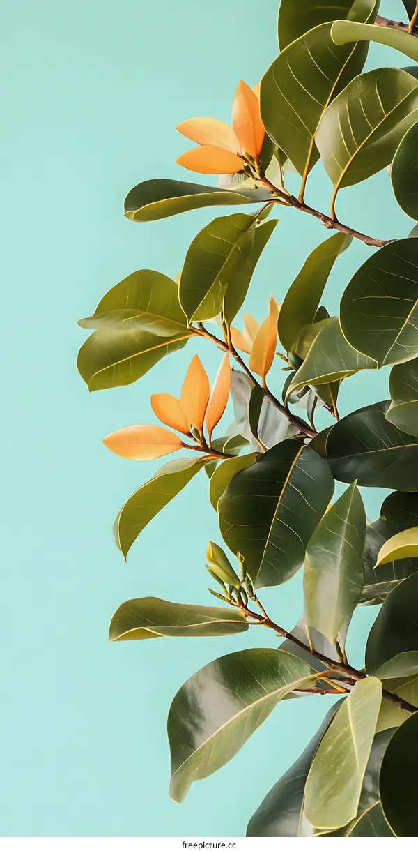 Green Leaves with Orange Buds Against Blue Sky