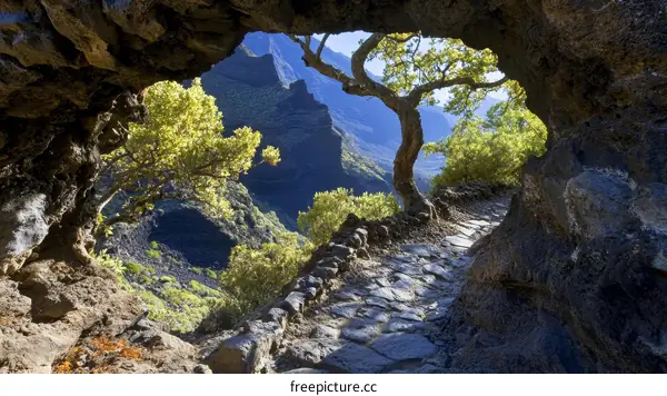 Rocky Path Through a Cave Opening to a Mountain Valley
