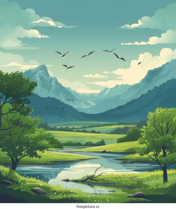 Tranquil Mountain Valley Landscape with River and Birds
