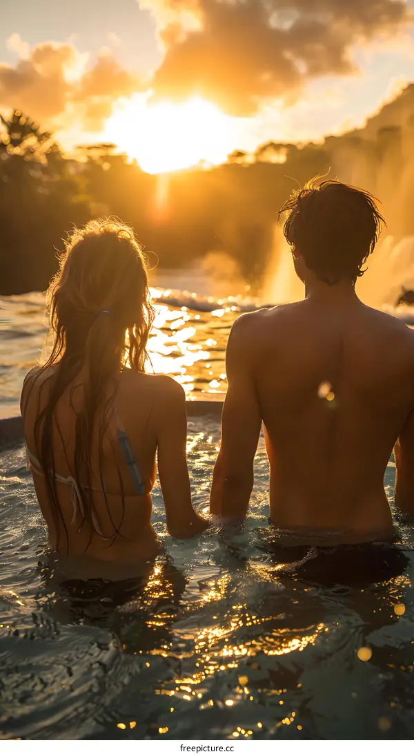 Young couple relaxing in an infinity pool enjoying the sunset