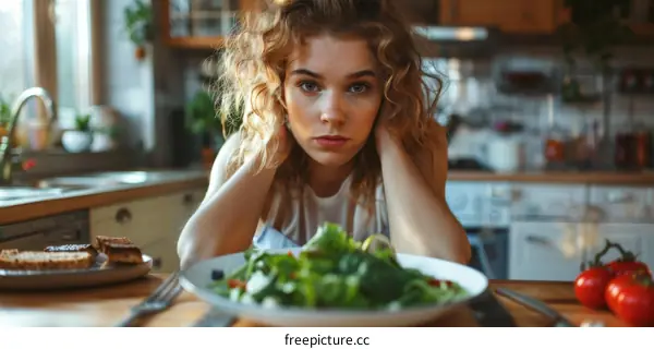 Young woman looking at a plate of salad