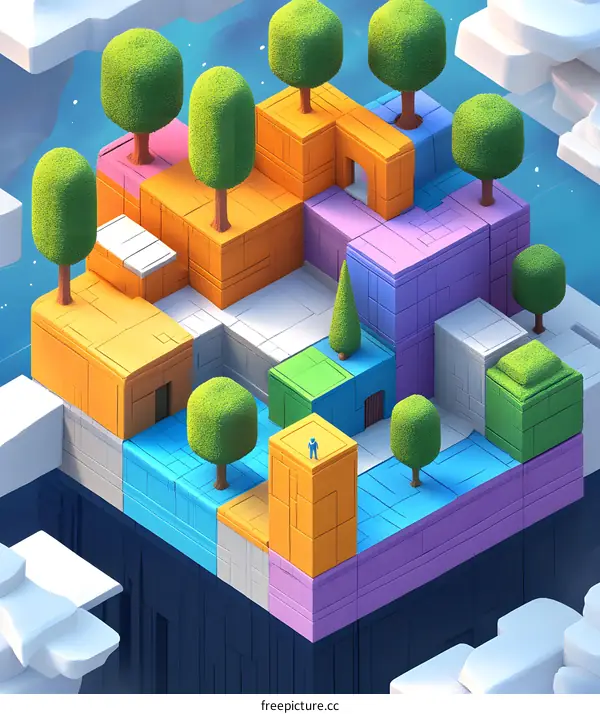 Abstract Geometric Landscape with Man Figure and Trees