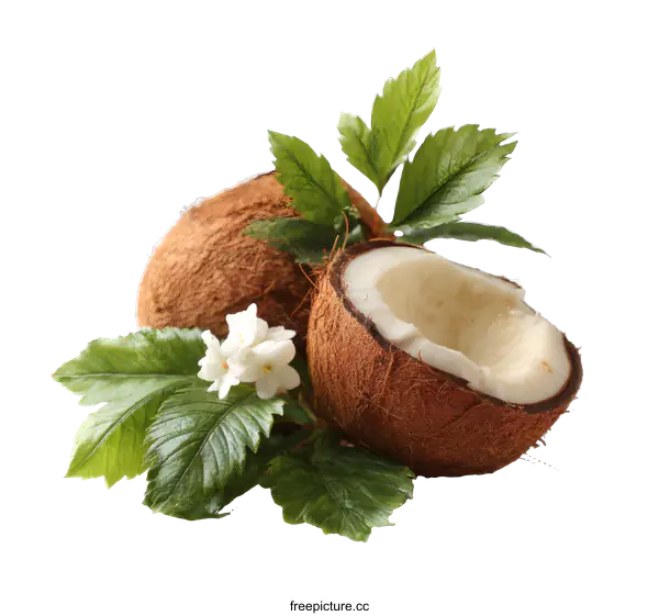 [Transparent Background PNG]Fresh Coconut with Decorative Leaves and Flowers