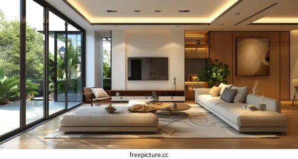 Bright living room with big windows and white walls