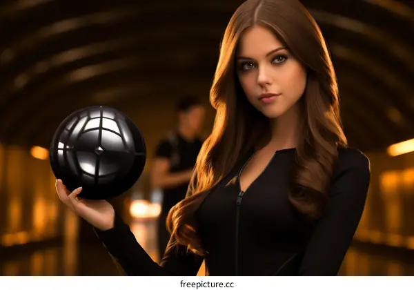 A young Caucasian woman wearing a black jumpsuit holds a black ball