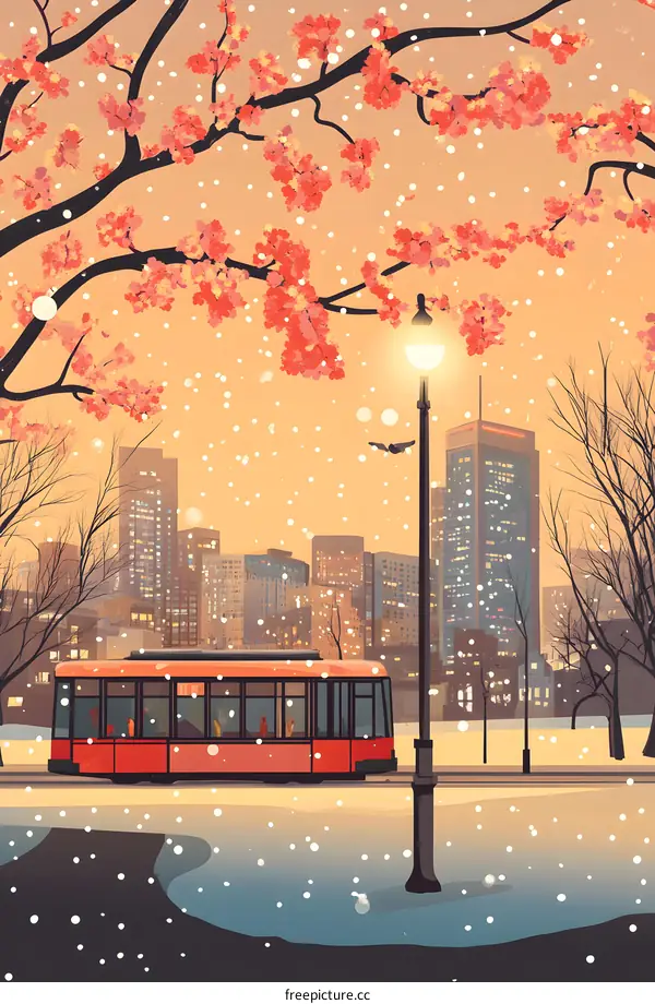 Snowy Winter Scene with Tram and City Skyline