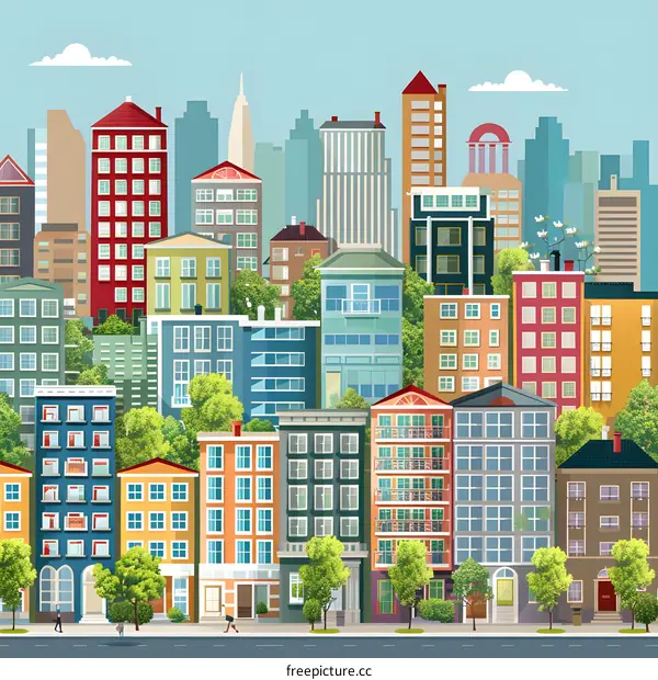 Colorful Illustration of a Cityscape with Buildings and Trees